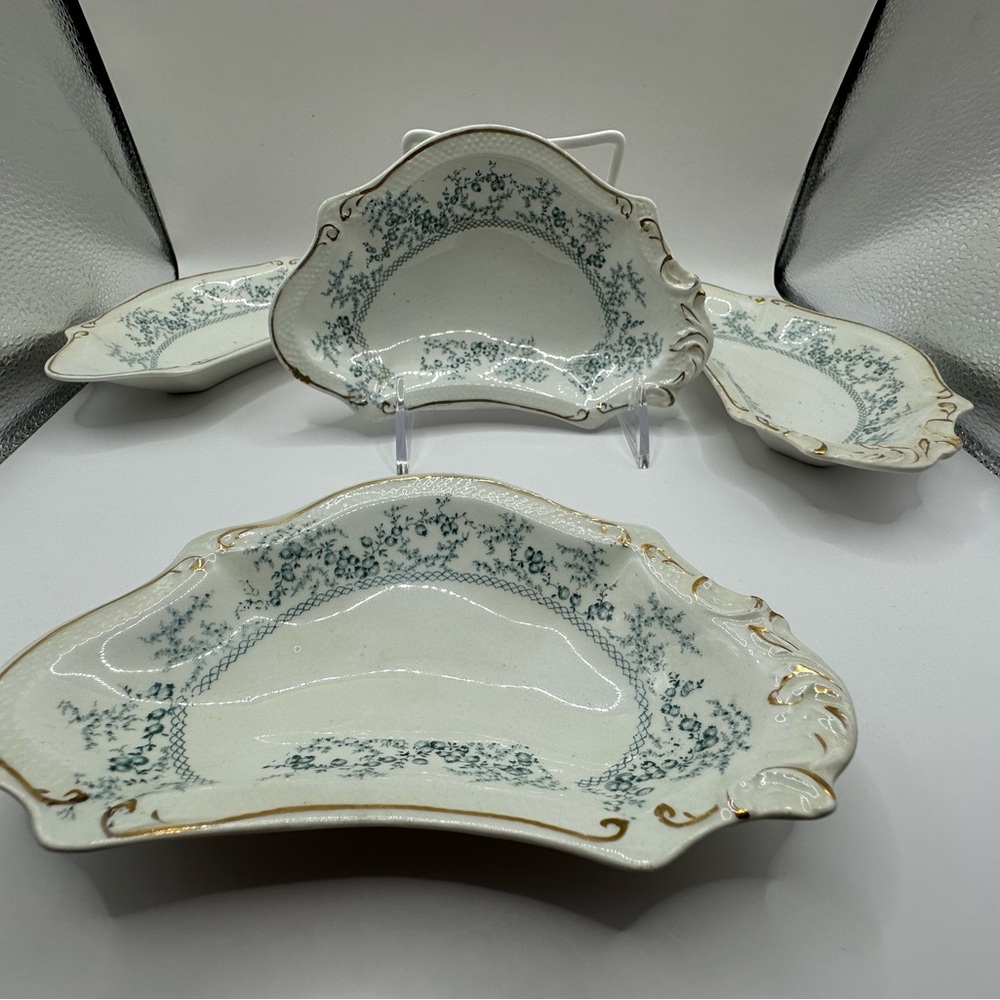 Elegant White and Blue Bone Dishes (4) w/ Floral Pattern and Scalloped Edges.